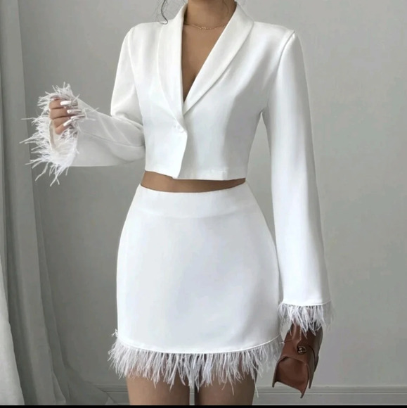 2pcs Women Elegant Feather Tassels Patchwork White Long Sleeve Blazer&Mini Skirt